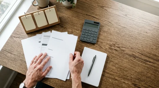 Vue en plongée d'une scène de planification financière avec des mains organisant des documents d'assurance et un calendrier sur un bureau épuré