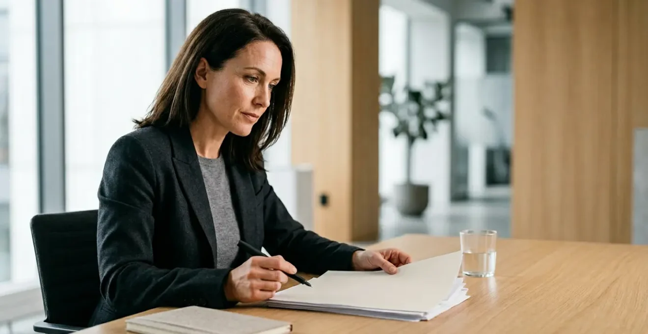 Professionnel confiant examinant des documents contractuels dans un environnement moderne et épuré