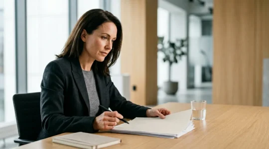 Professionnel confiant examinant des documents contractuels dans un environnement moderne et épuré