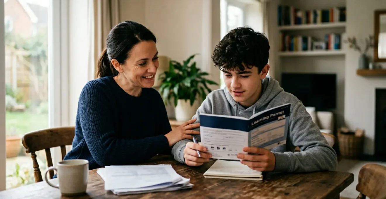 Parent et adolescent préparant des documents d'assurance pour la conduite accompagnée
