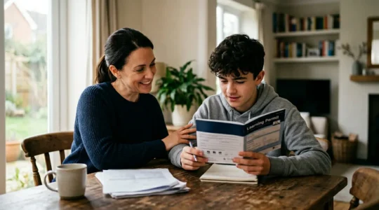 Parent et adolescent préparant des documents d'assurance pour la conduite accompagnée