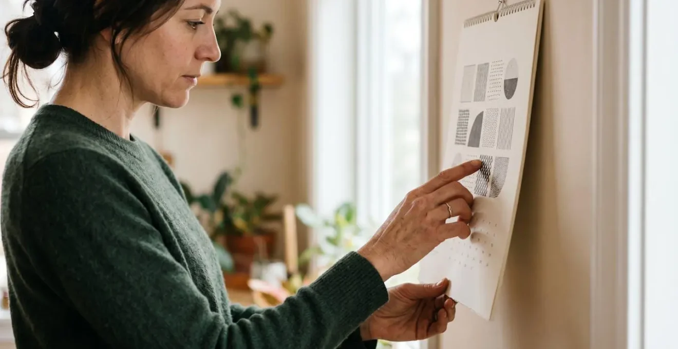 Plan moyen d'une personne consultant un calendrier ouvert avec concentration dans un intérieur lumineux
