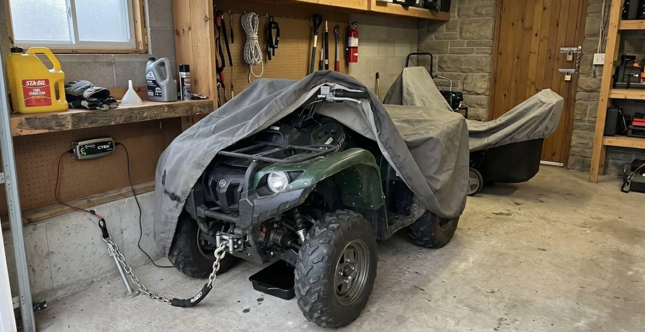 Quad stocké dans garage sécurisé avec équipements d'hivernage visibles