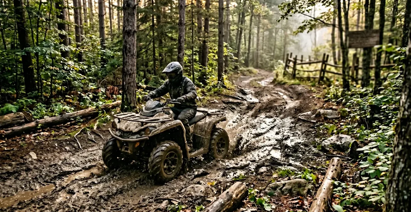 Quad traversant un terrain privé forestier avec obstacles naturels et clôture visible au second plan