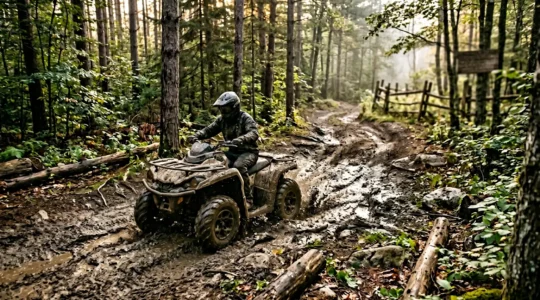 Quad traversant un terrain privé forestier avec obstacles naturels et clôture visible au second plan