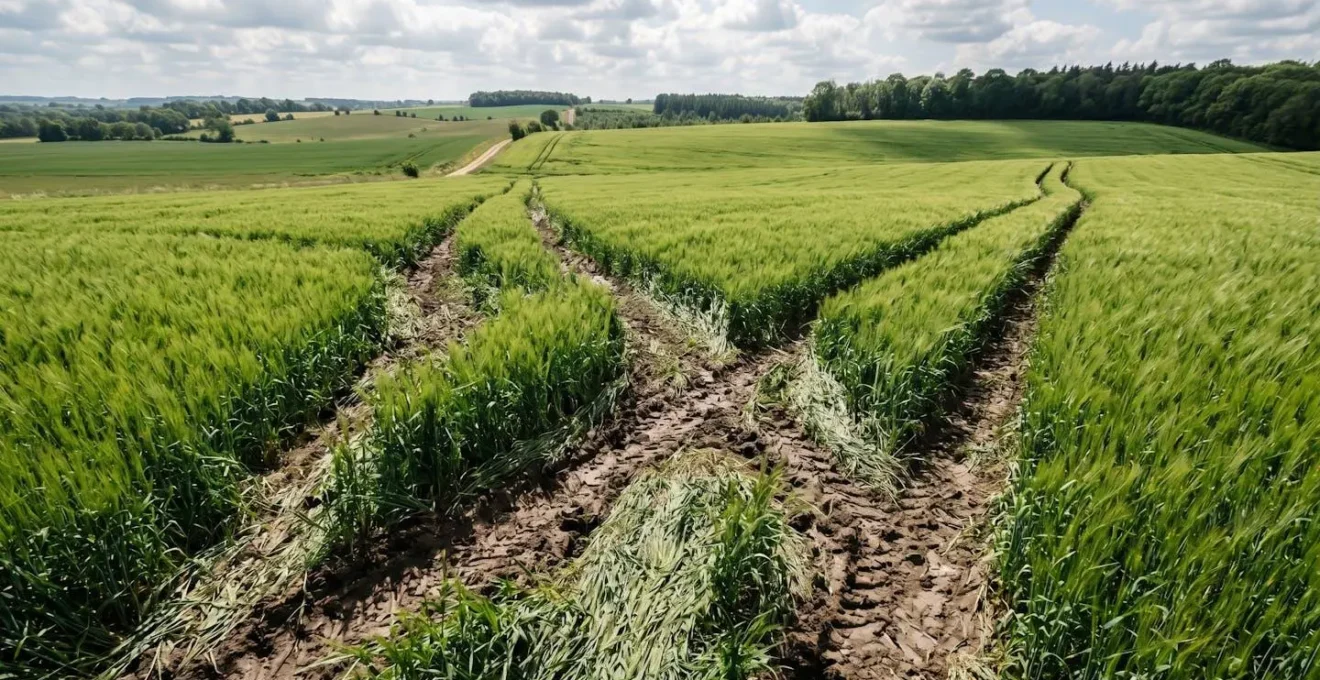 Champ agricole endommagé avec traces de passage visibles dans les récoltes