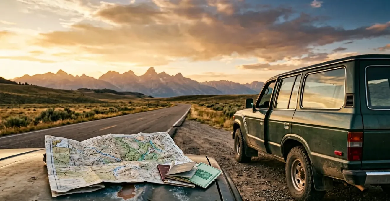 Carte routière déployée et documents d'assurance sur un tableau de bord lors d'un road trip international