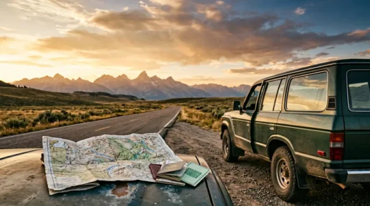 Carte routière déployée et documents d'assurance sur un tableau de bord lors d'un road trip international