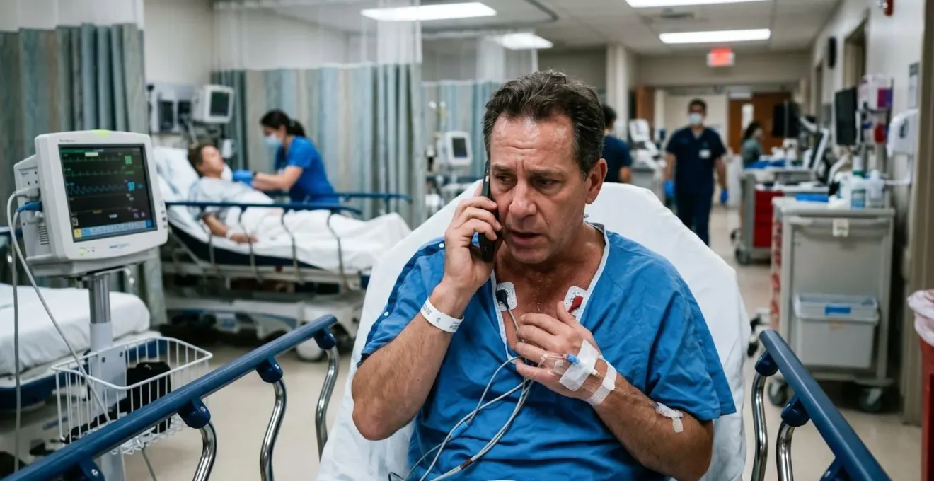 Personne en situation d'urgence médicale utilisant un téléphone dans un environnement hospitalier