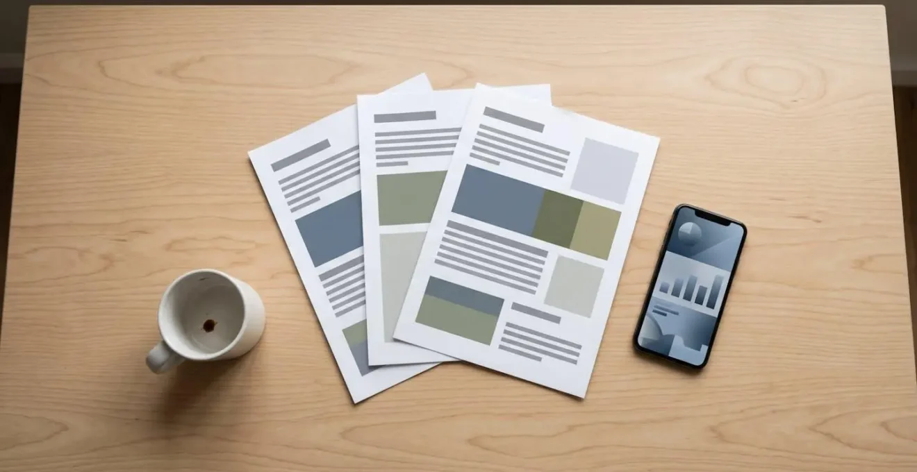 Vue en plongée d'une personne consultant plusieurs documents de devis sur une table avec une tasse de café, symbolisant le moment stratégique de comparaison