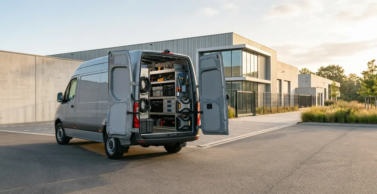 Fourgon professionnel dans un environnement de travail sécurisé avec équipements et outils professionnels