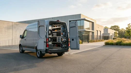 Fourgon professionnel dans un environnement de travail sécurisé avec équipements et outils professionnels