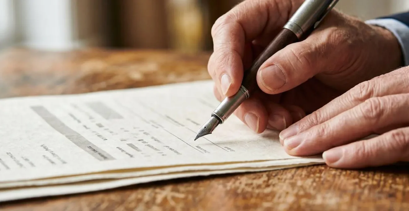 Mains tenant un stylo au-dessus de documents d'assurance automobile sur un bureau