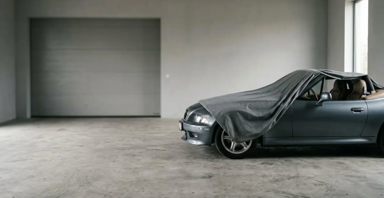 Voiture de sport cabriolet sous bâche dans un garage privé avec lumière naturelle douce
