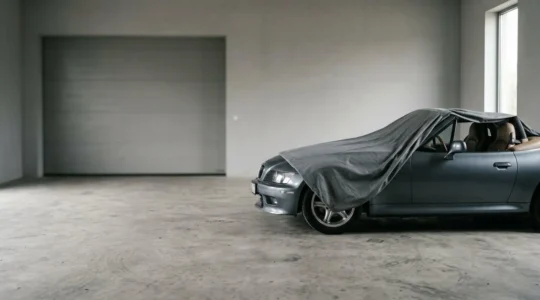 Voiture de sport cabriolet sous bâche dans un garage privé avec lumière naturelle douce