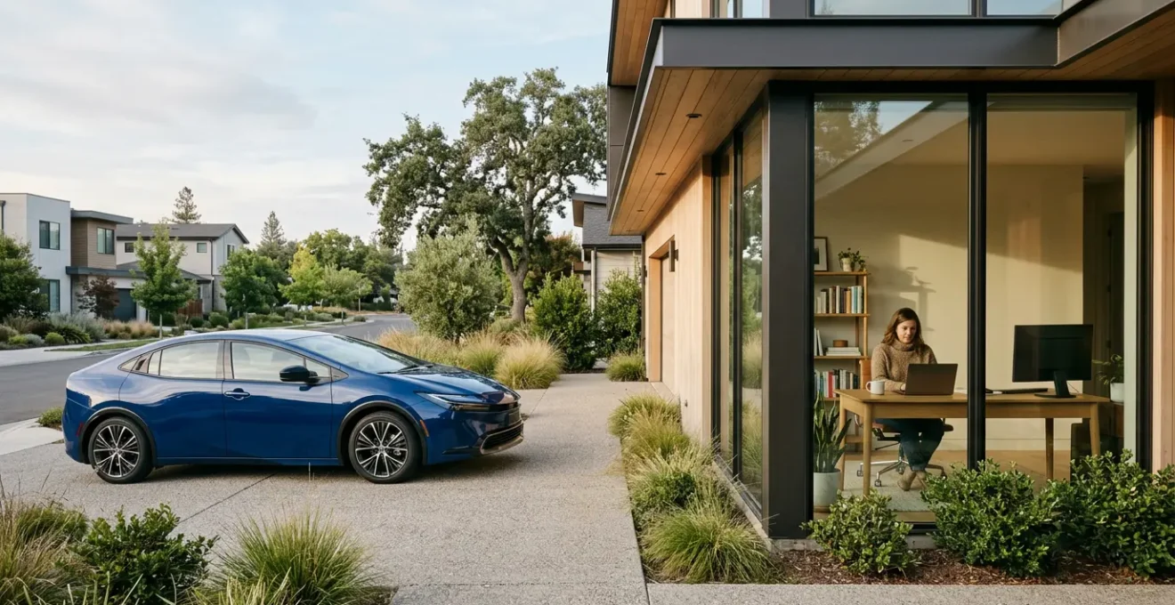 Voiture moderne stationnée devant une maison avec bureau visible, représentant le télétravail et les nouveaux besoins d'assurance automobile