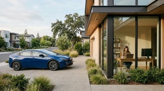 Voiture moderne stationnée devant une maison avec bureau visible, représentant le télétravail et les nouveaux besoins d'assurance automobile