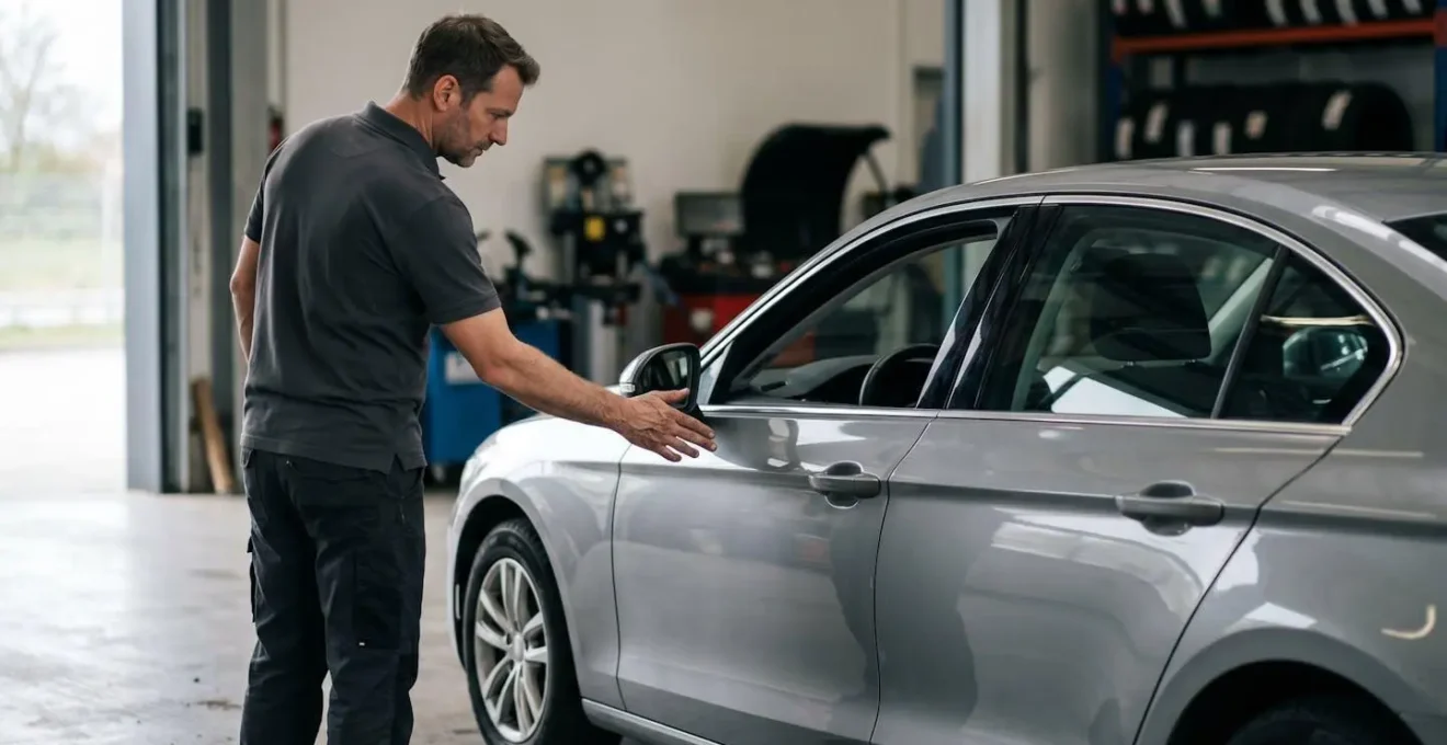 Scène d'expertise automobile avec professionnel évaluant un véhicule pour calcul de vétusté